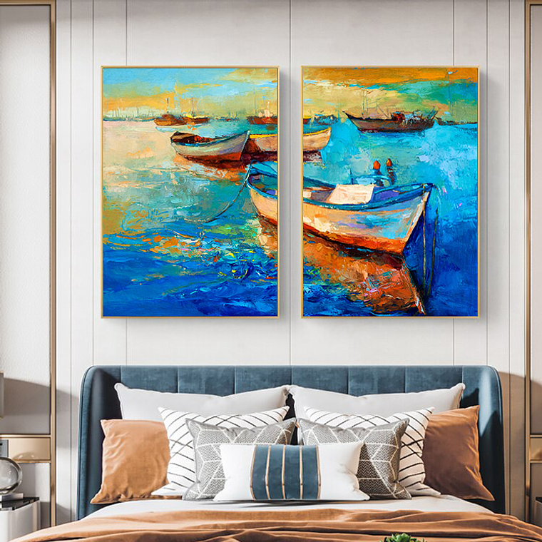 Quadro Decorativo Abstrato Barco Azul Kit com 2 Quadros 1