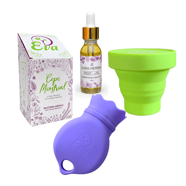 Kit Bienestar Completo Eva: Copa Menstrual + Oleolato Herbal + Vaso Esterilizador + Bolsa Térmica 1