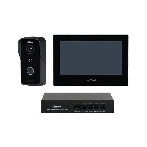 DHI-KTP03/DHI-VTO2111D-P-S3/DHI-VTH2621G-P. Kit video portero monitor interior 7" VTO y Switch 4 interfaces
