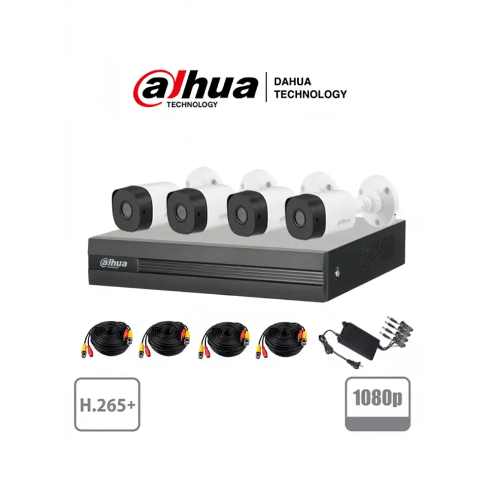 Spn-KIT/XVR1B04-I-1T/4-B1A21N-0360B. Kit 4 Camaras Dahua XVR 4 Bullet 2MP lente 3.6mm Disco 1Tb 1