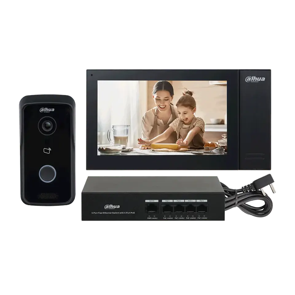 DHI-KTP02/DHI-VTO2111D-P-S3/DHI-VTH2421FB-P. KIT VIDEO PORTERO IP DAHUA. CABLEADO. INCLUYE SWITCH. 1