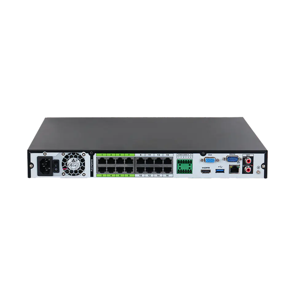 DHI-NVR5216-16P-EI. NVR Dahua 16 canales 16puertos PoE soporta 2 HDD hasta 16TB IA Perimetral protec 3