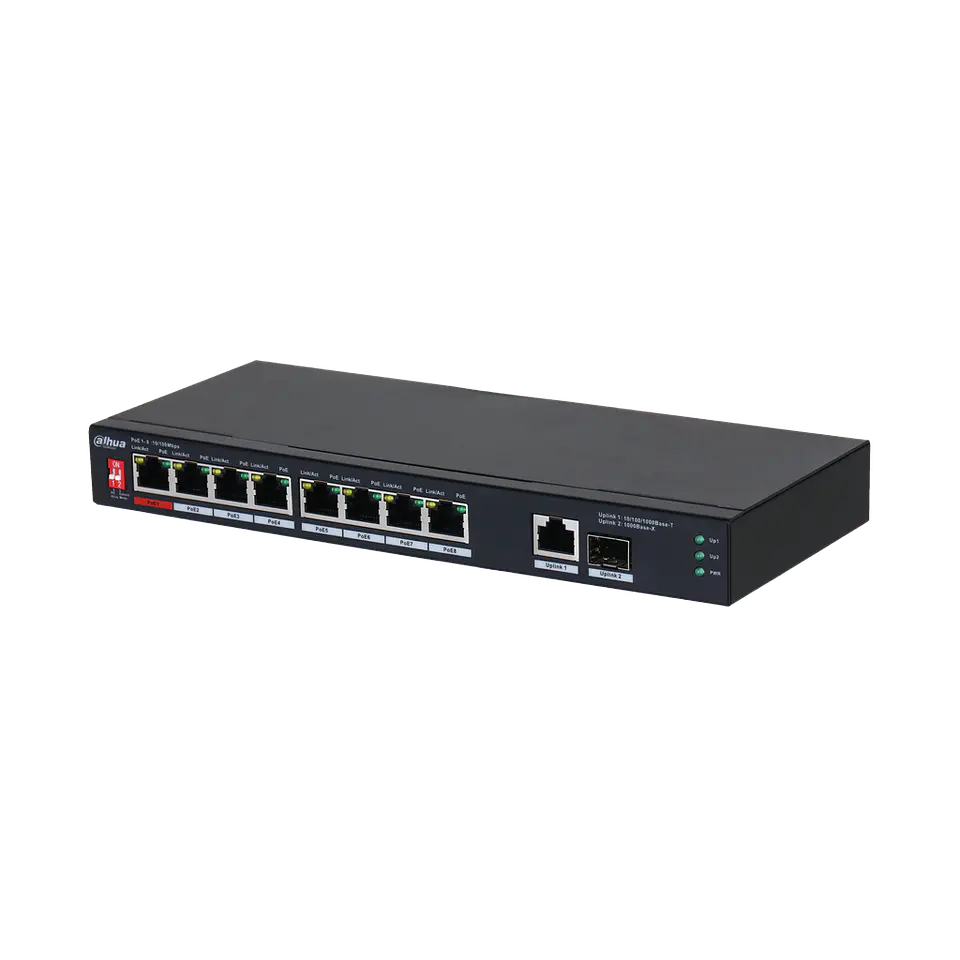 DH-PFS3110-8ET1GT1GF-96. Switch PoE Dahua 8 Entradas PoE Fastethernet, 1 Uplink Gigabits, 1 SFP Upli 1