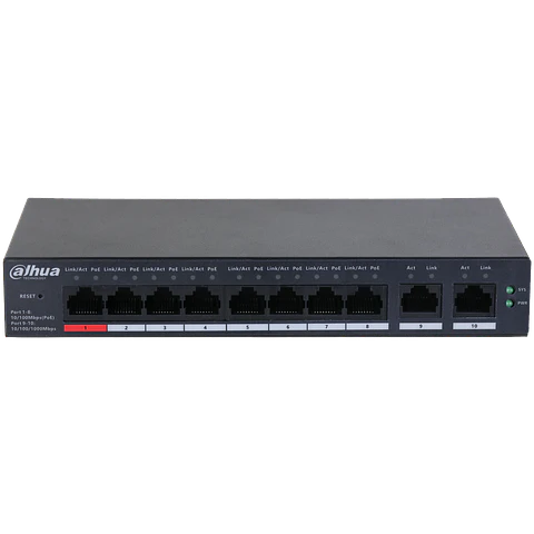 DH-CS4010-8ET-110. Switch Dahua 8 Puertos PoE 10/100 2 puertos uplink 10/100/1000 administrado por c