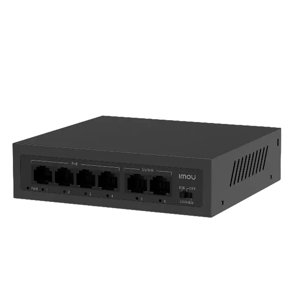 SF106P. Switch PoE IMOU, 4 puertos 10/100M y 2 puertos Uplink 10/100M, Total de potencia 45W, Soporta distancia hasta 250M 1
