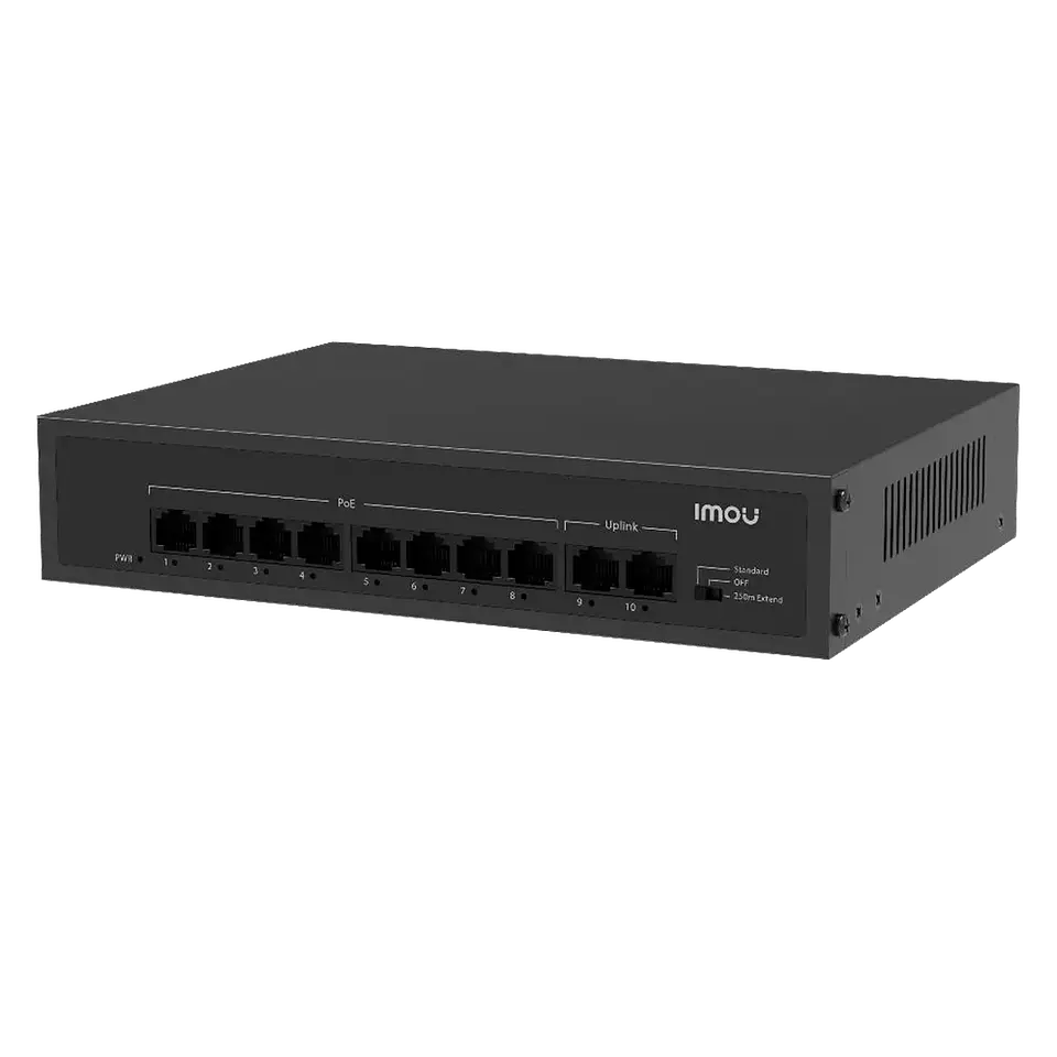 SF110P. Switch PoE IMOU, 8 puertos 10/100M y 2 puertos Uplink 10/100M, Total de potencia 65W, Soporta distancia hasta 250M 1