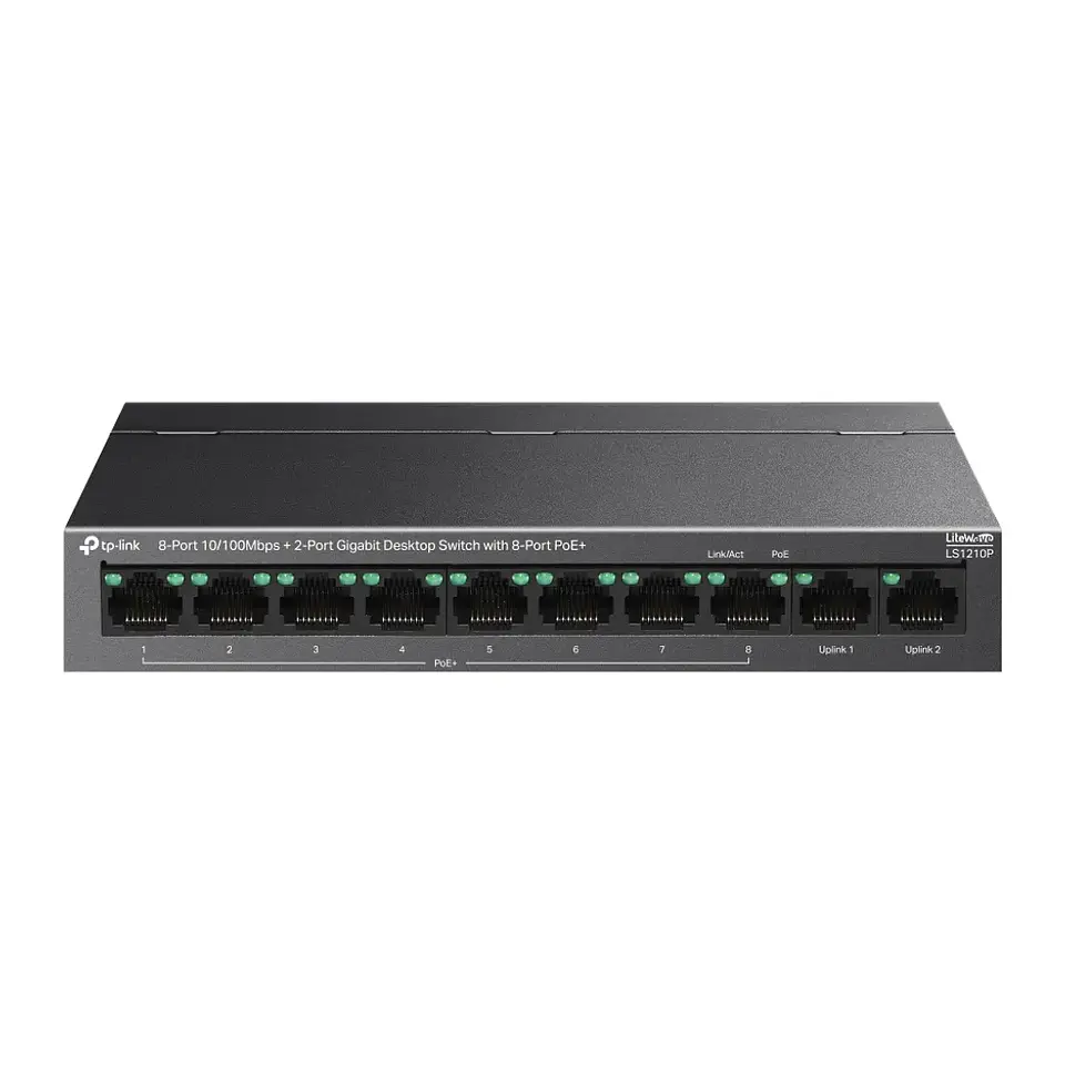 LS1210P. Switch tp-link de 8 puertos 10/100Mbps 2 puertos Gigaethernet, switch de escritorios con 8 puertos PoE+ 1