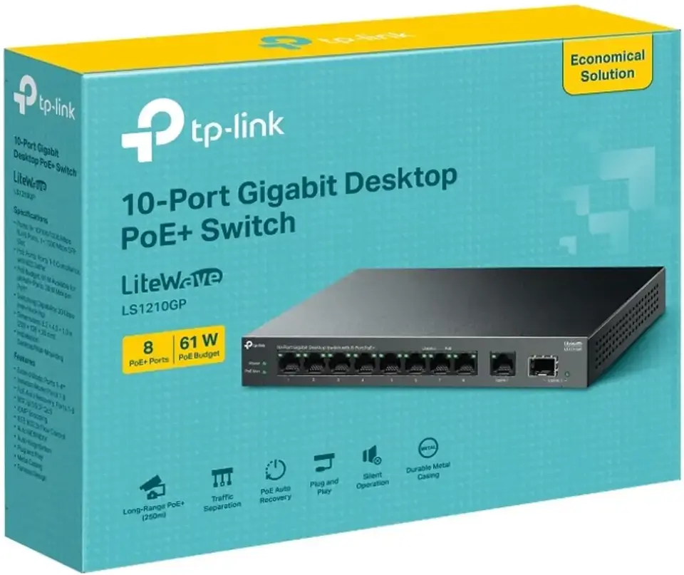 LS1210P. Switch tp-link de 8 puertos 10/100Mbps 2 puertos Gigaethernet, switch de escritorios con 8 puertos PoE+ 3