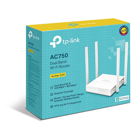 Archer C24. Router WiFi AC750 Tp-Link doble banda (433Mbps en 5Ghz y 300 Mbps en 2.4GHz) 1 puerto 10/100 WAN, 4 puertos 10/100 LAN