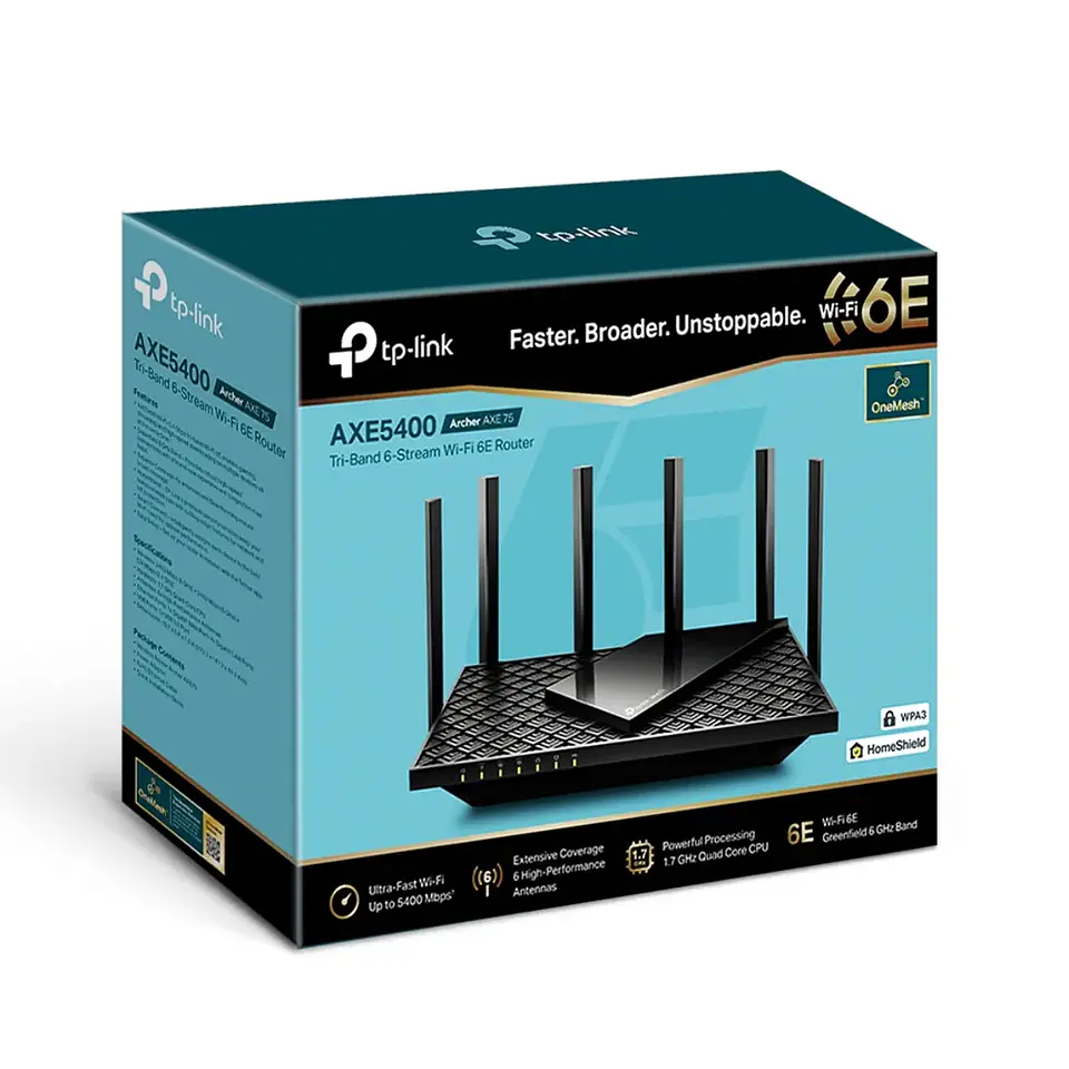 Archer AXE75. Router WiFi 6E Tp-Link AX5400 Triple banda (2402Mbps en 5GHz, 2402Mbps en 6GHz y 574Mbps en 2.4GHz) 1 puerto WAN 4 puertos LAN 1Gbps 3