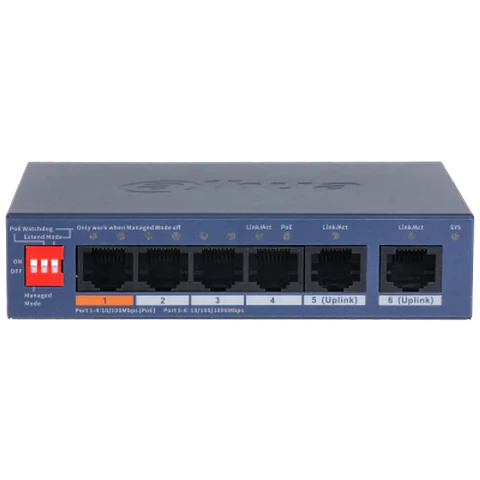 DH-CS4006-4ET2GT-60. Switch Dahua, 4 Puertos Poe 10/100 + 2 Puertos Uplink 1000,  60 Watts de Potencia Maxima, Capa 2, Soporta transmisión hasta 250m.