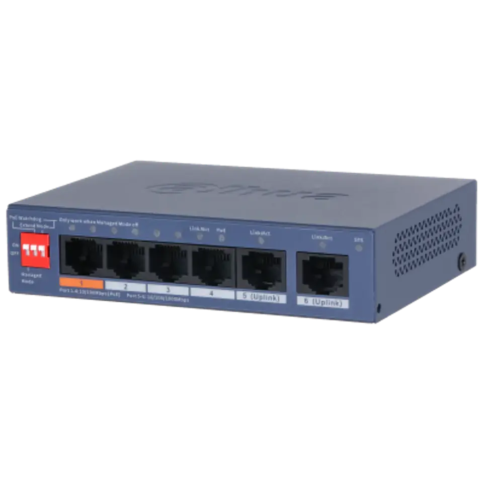 DH-CS4006-4ET2GT-60. Switch Dahua, 4 Puertos Poe 10/100 + 2 Puertos Uplink 1000,  60 Watts de Potencia Maxima, Capa 2, Soporta transmisión hasta 250m. 2
