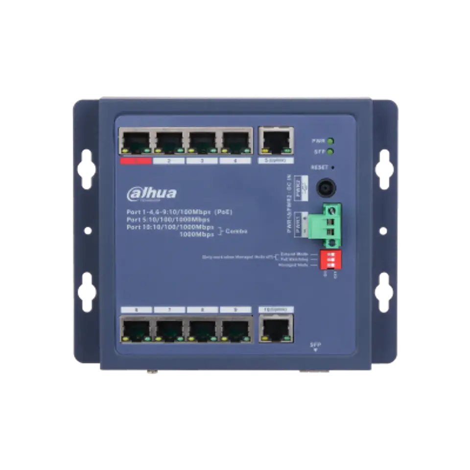 DH-CHS4110-8ET-90-F. Switch Dahua Formato Industrial, 8 Puertos Poe 10/100 + 2 Puertos uplink 1000, + 1 Puerto SFP 1000,  Capa 2, Protección IP30 y IK06. 3