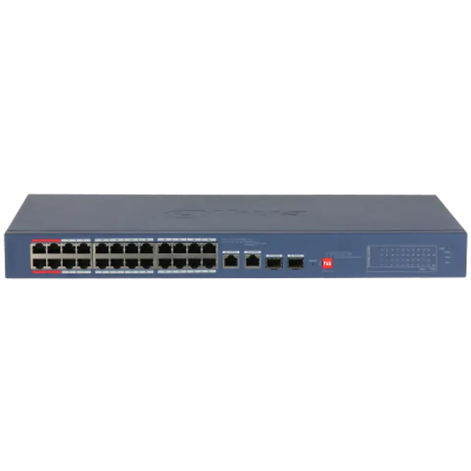 DH-CS4226-24ET-375-V2. Switch Dahua, 24 Puerto PoE ( 10/100 Mbps), 2 Puertos uplink ( 10/100/1000 Mbps), 2 Puertos SFP ( 1000 Mbps ) Administración en Nube, Capa 2, Potencia de Salida Total 375W 1
