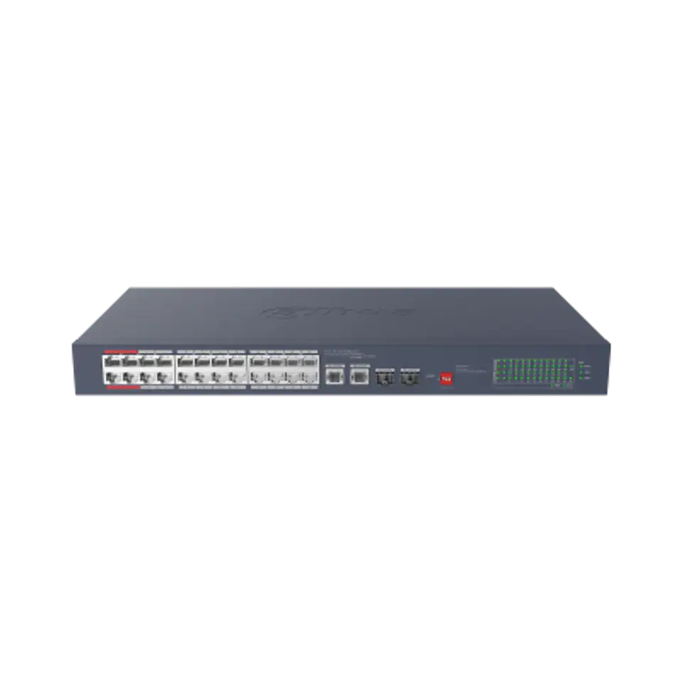 DH-CS4228-24GT-240-V2. Switch Dahua, 24 Puerto PoE ( 10/100/1000 Mbps), 2 Puertos uplink ( 10/100/1000 Mbps), 2 Puertos SFP ( 1000 Mbps ) Administración en Nube, Dip Switch, Capa 2, PoE Total 240W. 1