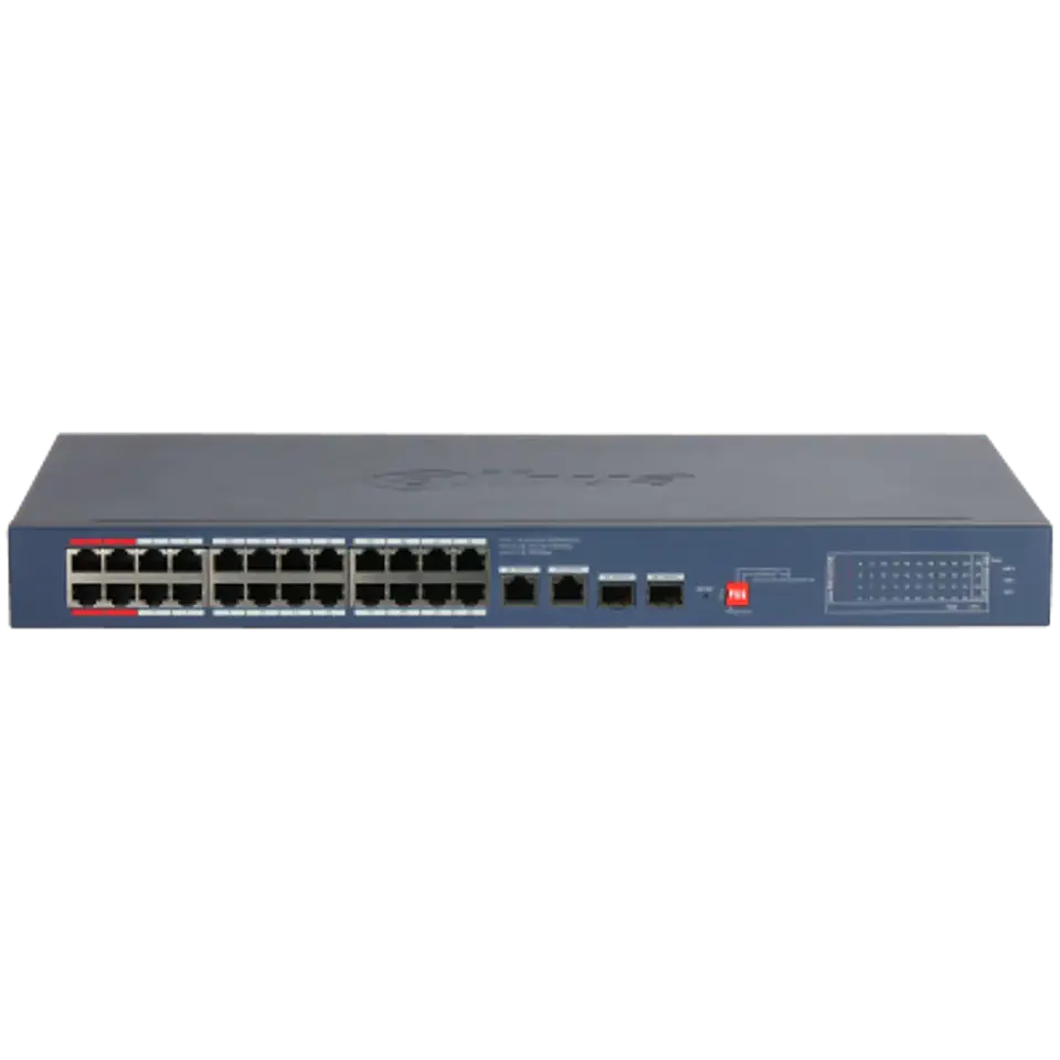 DH-CS4228-24GT-240-V2. Switch Dahua, 24 Puerto PoE ( 10/100/1000 Mbps), 2 Puertos uplink ( 10/100/1000 Mbps), 2 Puertos SFP ( 1000 Mbps ) Administración en Nube, Dip Switch, Capa 2, PoE Total 240W. 2