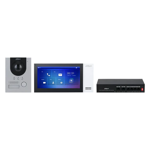 DHI-KTP01L(F)/DHI-VTO2201F-P-S2/DHI-VTH2421FW-P. Kit Video Portero IP Dahua. Cableado Incluye Switch, Pantalla VTH2421FW-P+VTO2201F-P.