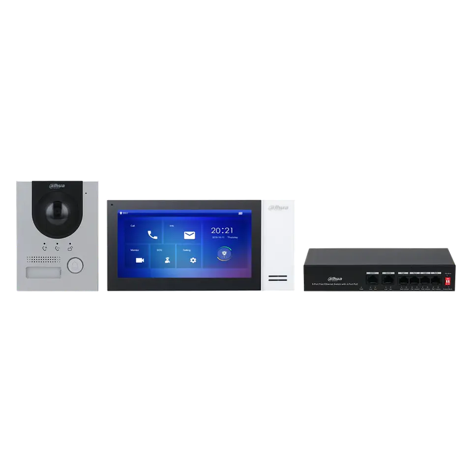 DHI-KTP01L(F)/DHI-VTO2201F-P-S2/DHI-VTH2421FW-P. Kit Video Portero IP Dahua. Cableado Incluye Switch, Pantalla VTH2421FW-P+VTO2201F-P. 1