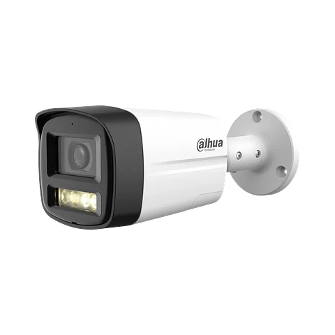 DH-HAC-HFW1200TLMN-IL-T-0280B-DIP. Cámara Dahua HDCVI tipo bullet de 2MP lente fijo de 2.8mm iluminación dual de hasta 40m protección IP67 con audio bi direccional.