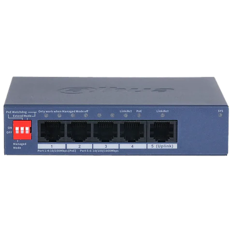 DH-CS4005-4ET1GT-36. Switch Dahua de 5 Puertos administrado por cloud 4 puertos 10/100 Mbps PoE 1 puerto 10/100/1000 Mbps soporta 36 Watt máximo.