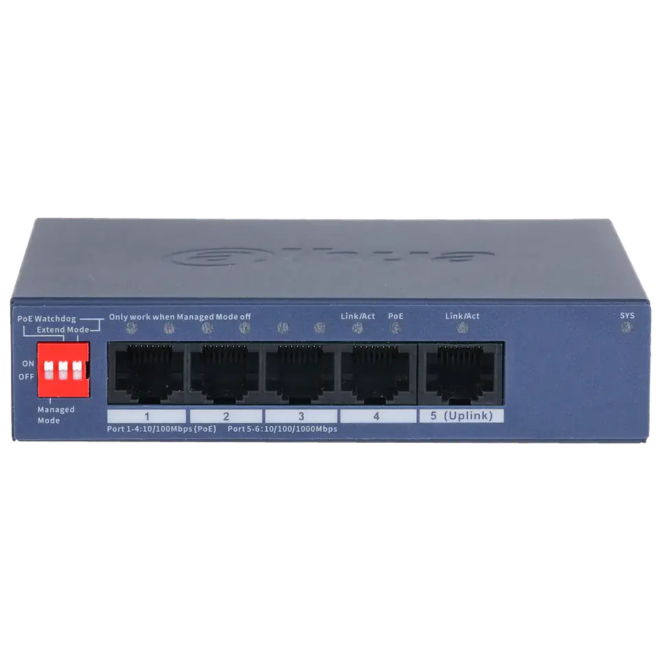 DH-CS4005-4ET1GT-36. Switch Dahua de 5 Puertos administrado por cloud 4 puertos 10/100 Mbps PoE 1 puerto 10/100/1000 Mbps soporta 36 Watt máximo. 1