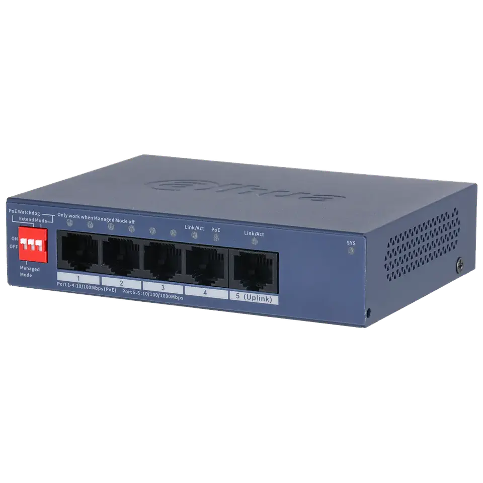 DH-CS4005-4ET1GT-36. Switch Dahua de 5 Puertos administrado por cloud 4 puertos 10/100 Mbps PoE 1 puerto 10/100/1000 Mbps soporta 36 Watt máximo. 2