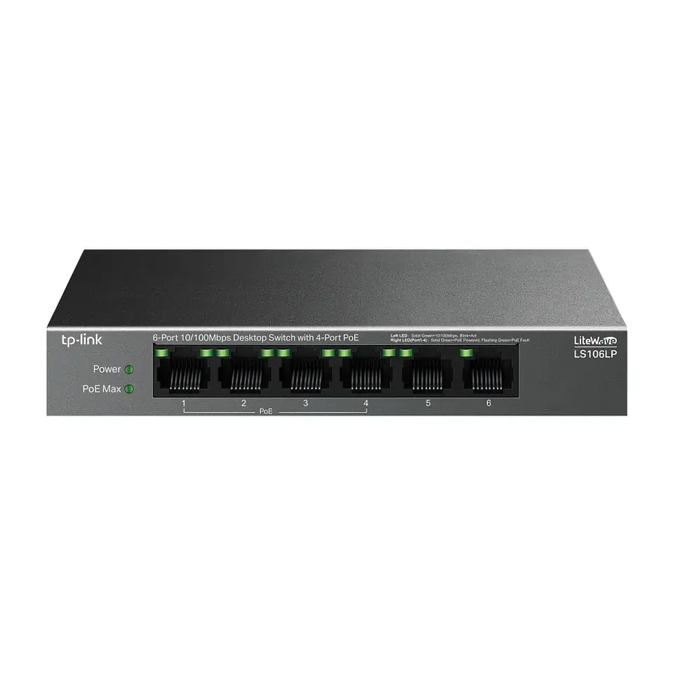 LS106P. Switch tp-link de 6 puertos 10/100Mbps switch de escritorios con 4 puertos PoE+ 1