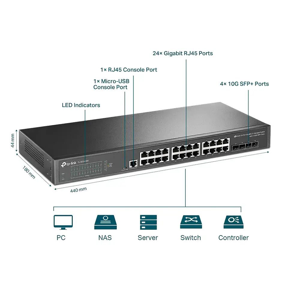 TL-SG3428X. Switch gestionable JetStream de 24 puertos Gigabit L2+ con 4 ranuras SFP+ de 10GE 1