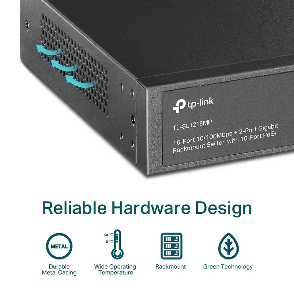 TL-SL1218MP. Switch montaje en rack Gigabit de 16 puertos a 10/100 Mbps + 2 puertos con PoE+ de 16 p 6
