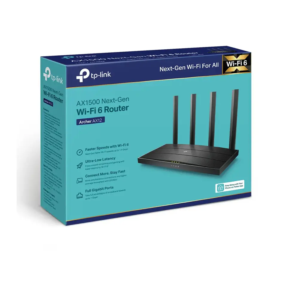 Archer AX12. Router WiFi 6 Tp-Link AX1500 doble banda (1201Mbps en 5GHz y 300Mbps en 2.4GHz) 1 puerto WAN 3 puertos LAN 1Gbps 4