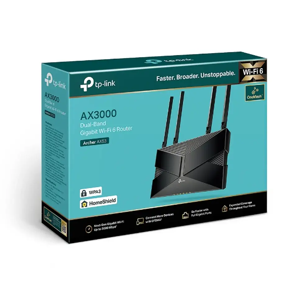 Archer AX53. Router WiFi 6 Tp-Link Nex-Gen AX3000 doble banda (2402Mbps en 5GHz y 574Mbps en 2.4GHz) 1 puerto WAN 4 puertos LAN 1Gbps 3