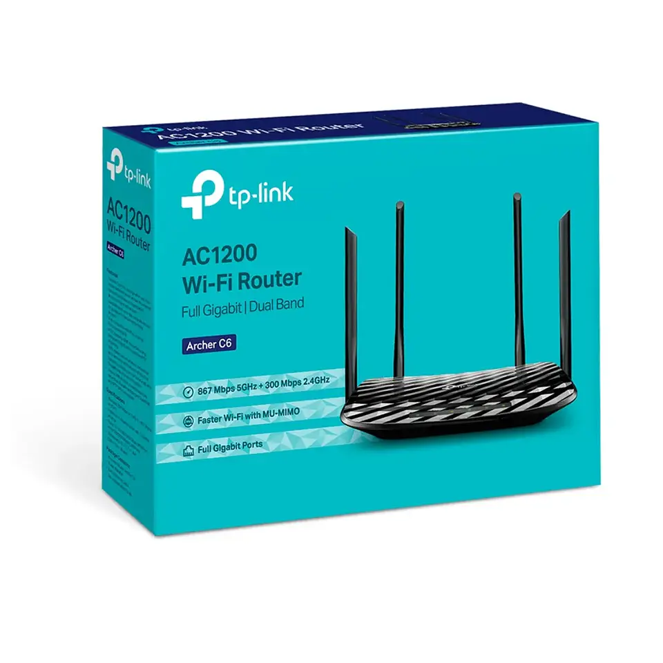 Archer C6. Router WiFi AC1200 MU-MIMO Tp-Link doble banda (867Mbps en 5Ghz y 300 Mbps en 2.4GHz) 1 puerto Gigabits WAN, 4 puertos Gigabits LAN 3