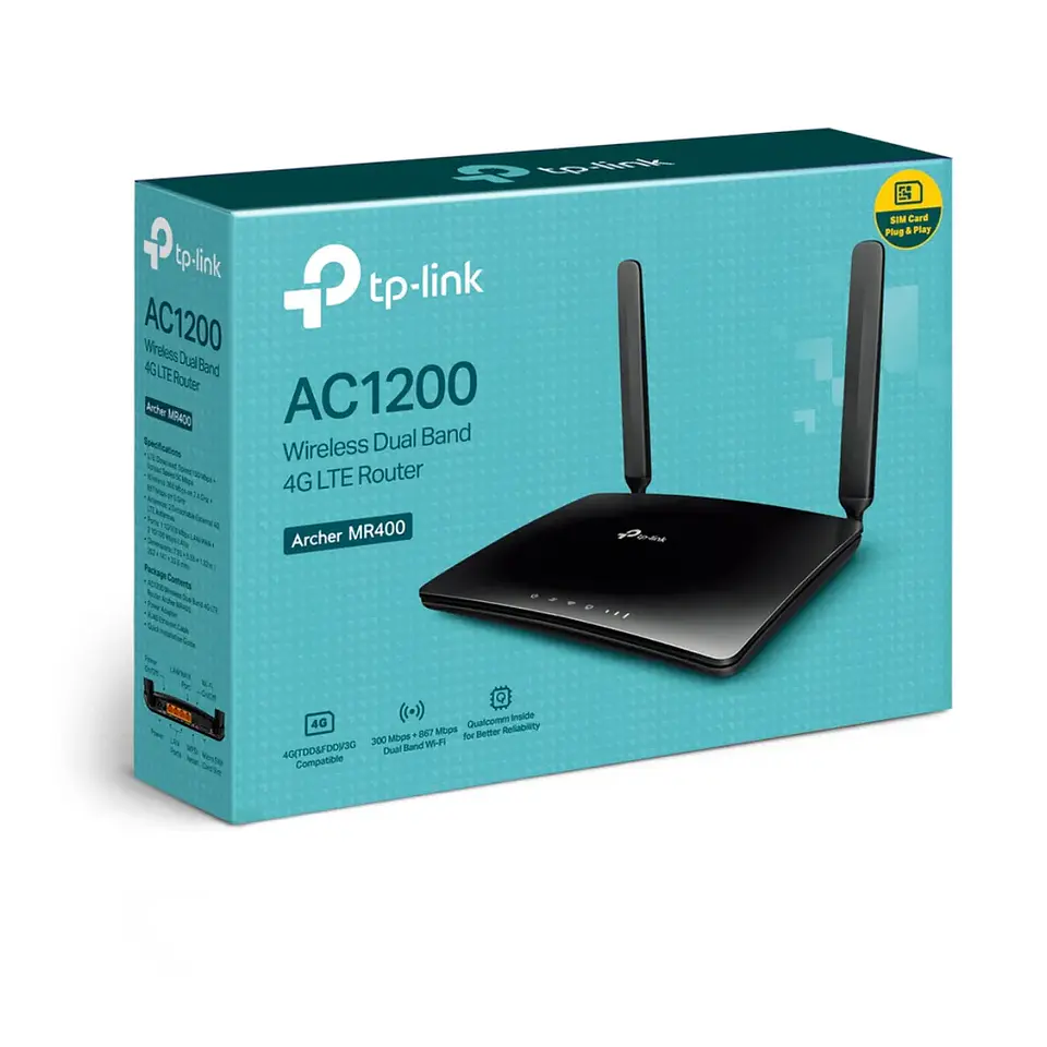 Archer MR400. Router 4G LTE WiFi Tp-Link AC1200 Doble banda (867Mbps en 5GHz y 300Mbps en 2.4GHz) 1 puerto WAN/LAN 10/100Mbps 3 puertos LAN 10/100Mbps 1 Slot Micro SIM 2