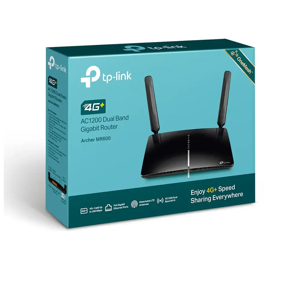 Archer MR600. Router 4G LTE WiFi Tp-Link AC1200 Doble banda (867Mbps en 5GHz y 300Mbps en 2.4GHz) 1 puerto WAN/LAN 10/100/1000Mbps 3 puertos LAN 10/100/1000Mbps 1 Slot Micro SIM 3