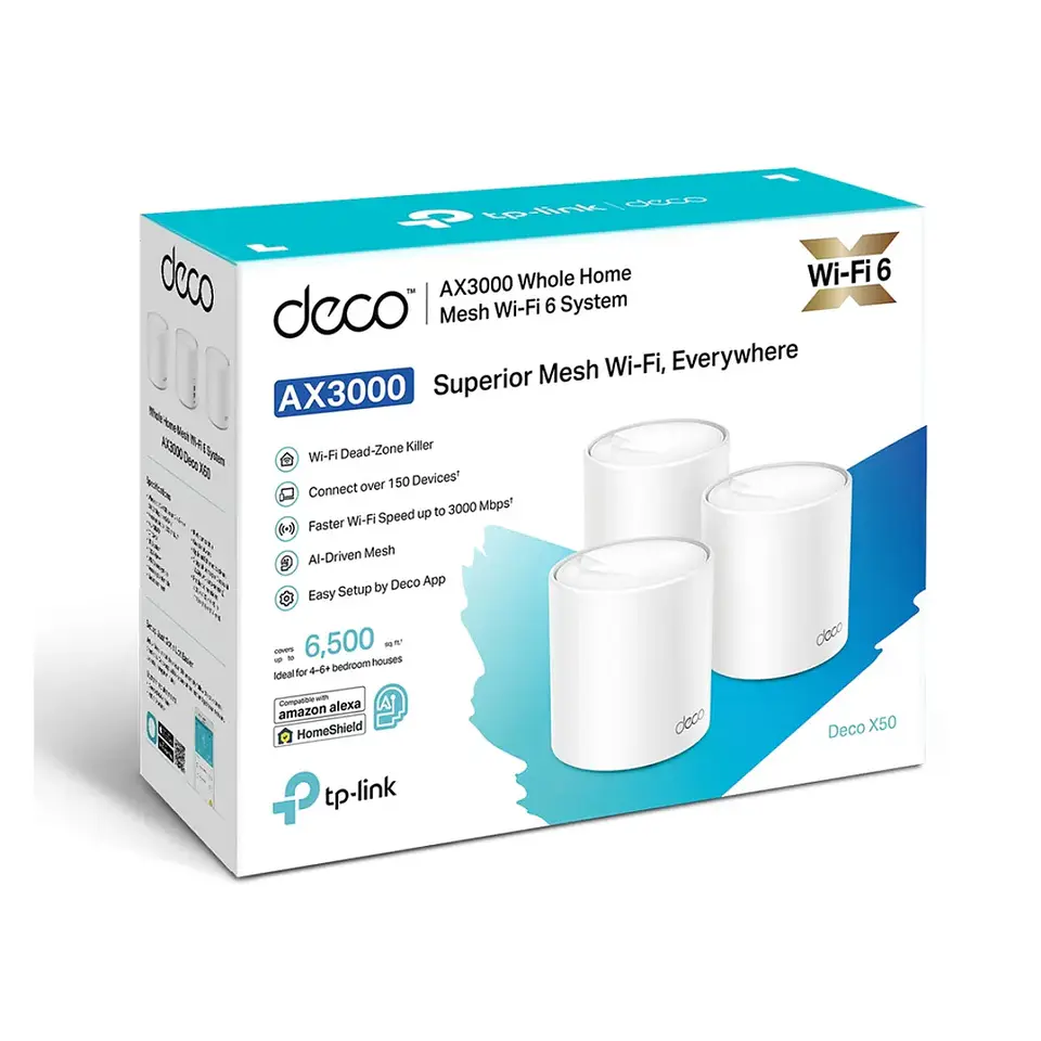 Deco X50(3-pack). Pack 3 Router WiFi 6 Home Mesh AX3000 doble banda (2402Mbps en 5GHz y 574Mbps en 2.4GHz) MU-MIMO 2x2 3 puertos 1Gb 2