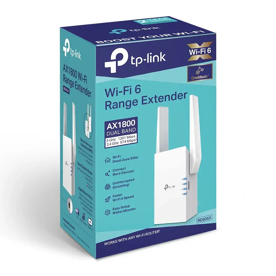 RE605X. Extensor Wifi AX1800 doble banda (1201Mbps en 5GHz y 574Mbps en 2.4GHz) 2 antenas externas 1 puerto ethernet 1Gbps 4