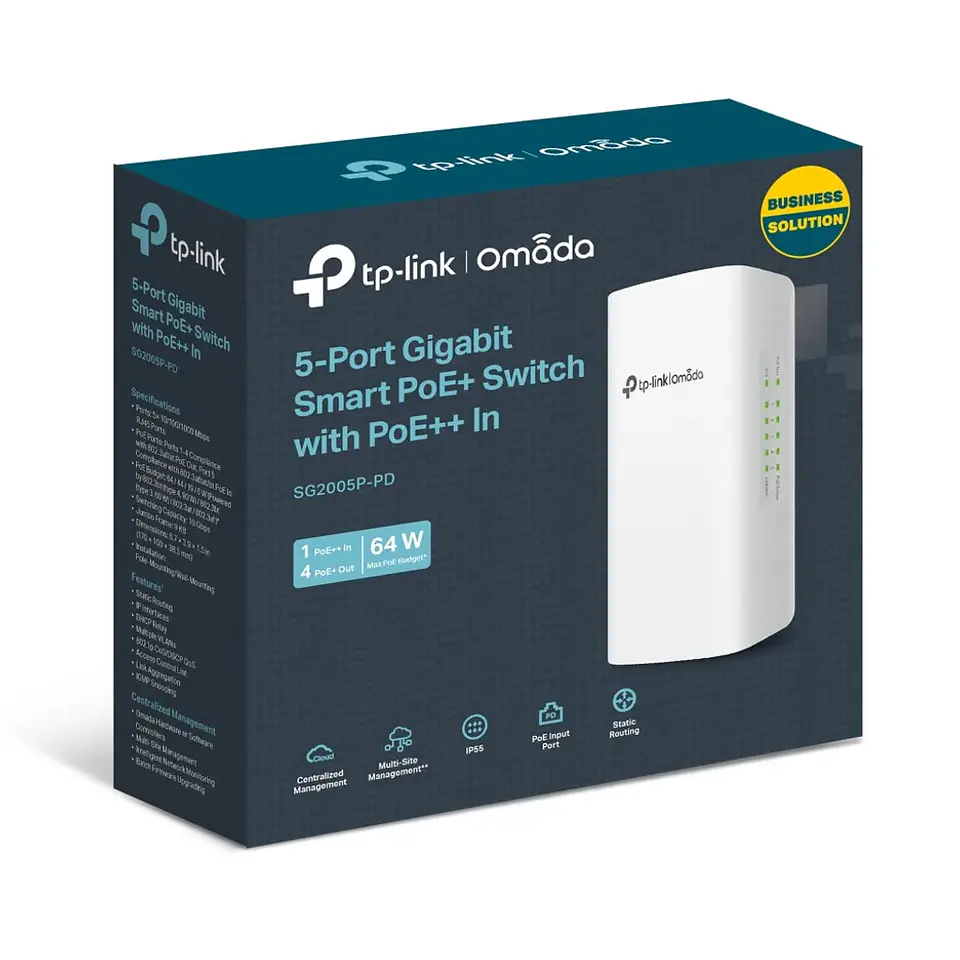 SG2005P-PD. SWitch Omada de exterior 5 puertos Giga ethernet 1 PoE++in 4 PoE+ Out Distancioa PoE de hasta 200m protección IP55 4