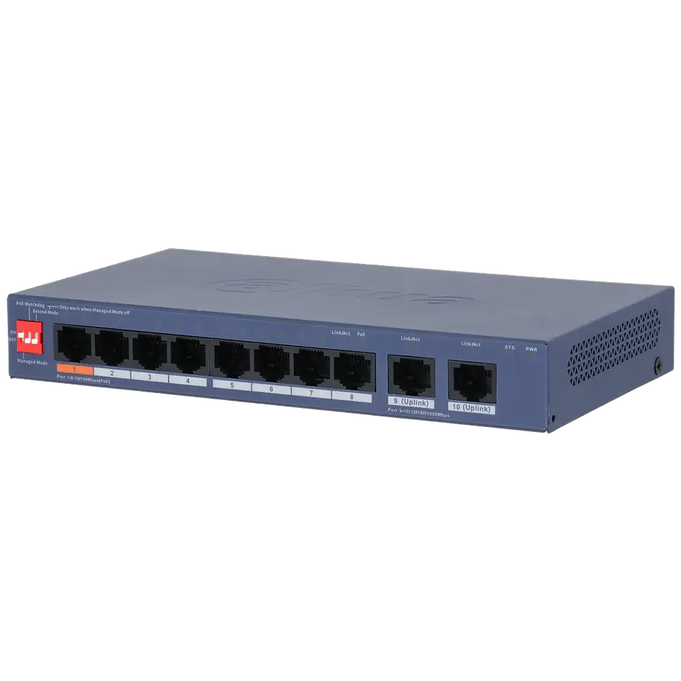 DH-CS4010-8ET2GT-60. Switch PoE Dahua, 8 Puertos 10/100M y 1 puertos Uplink 10/100/1000, Total de Potencia 60W, Capa 2. 1