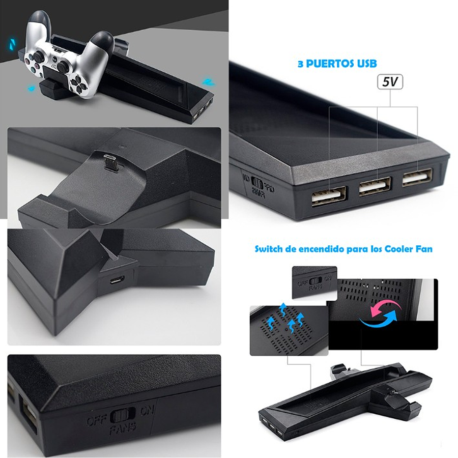 Soporte Base Ps4 y Ps4 Slim para 2 Dualshock Con Ventilador + 3 Puertos USB