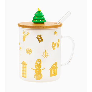 Taza navideña de vidrio con bombilla, tapa de madera y adorno de pino – 14x8 cm