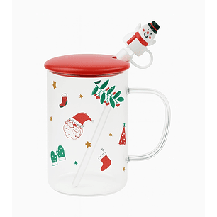 Taza navideña de vidrio con bombilla, tapa roja y figura de muñeco de nieve – 8x14 cm