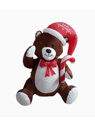 Oso Navideño Inflable 2.0 m Color Café con Gorra de Santa y Bastón de Dulces