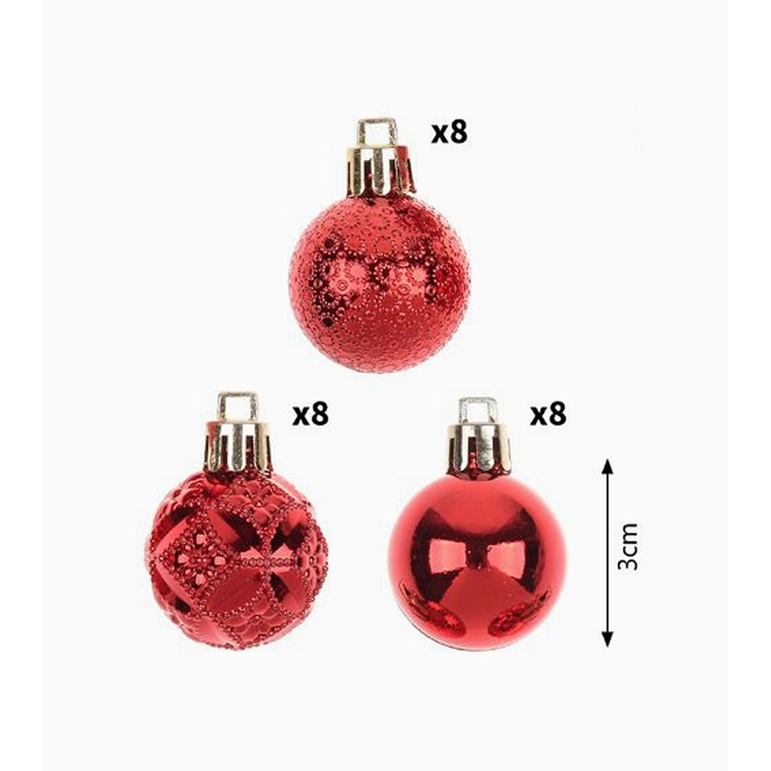 Pack de 24 esferas navideñas pequeñas 3 cm – colores surtidos y 3 diseños 2