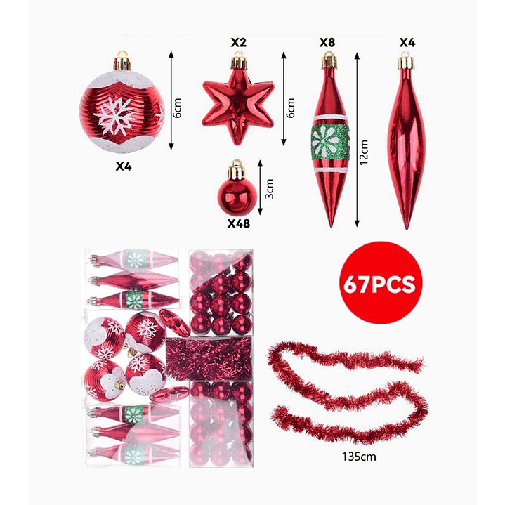 Pack 67 adornos navideños con esferas, estrellas y guirnalda 1
