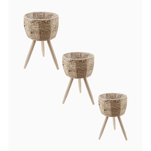 Pack 3 macetas artesanales decorativas color paja 28×19.5, 38×23.5 y 51.5×28.5 cm