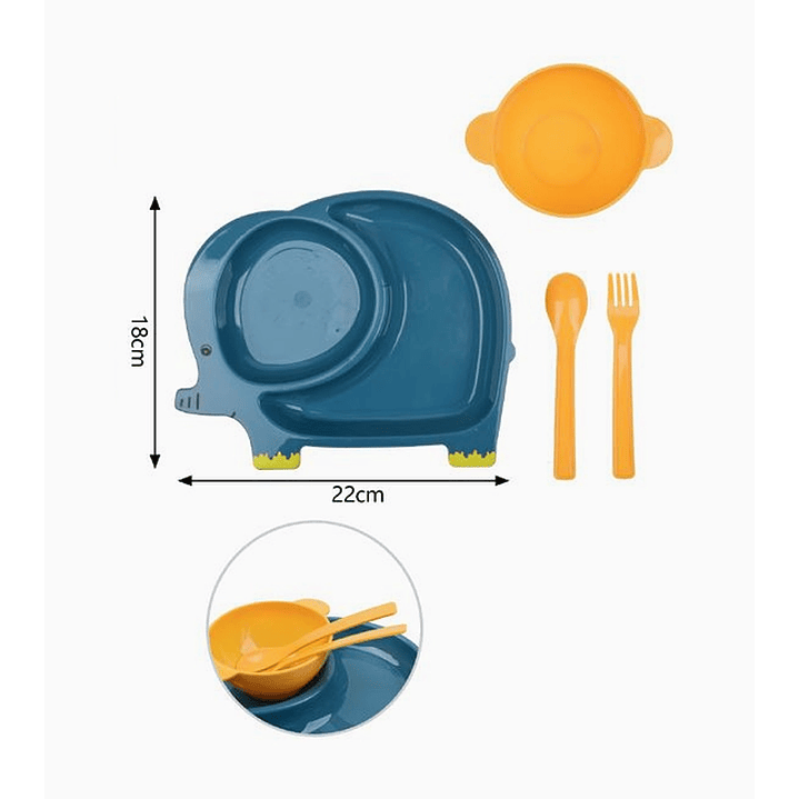 Plato infantil con división doble y set de cubiertos diseño elefante 2