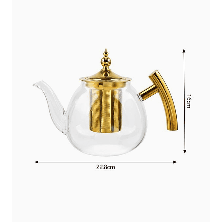 Tetera de vidrio 1 litro con filtro dorado 2