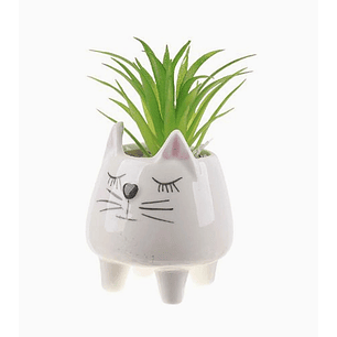 Flor artificial verde con macetero blanco y piedras decorativas 7,5 x 9,5 cm