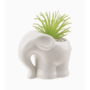 Flor artificial verde en macetero elefante blanco con piedras decorativas 7,5x9,5 cm