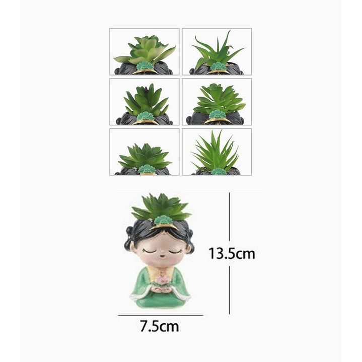 Macetero decorativo niña meditando con flor artificial suculenta 7,5x13,5 cm 2
